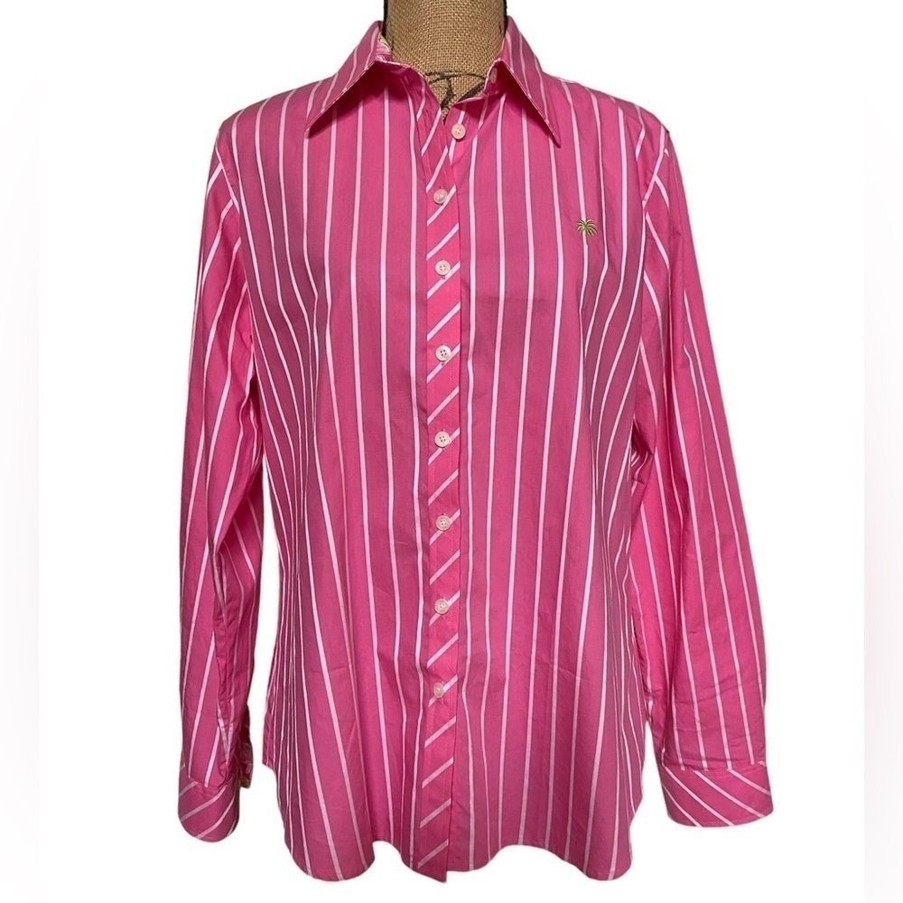 Lilly Pulitzer Pink White Stripe Button Down Long Sleeve Cotton Shirt Size 14